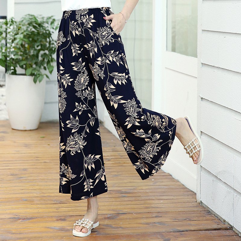 Elastic-Waist Floral Wide-Leg Pants