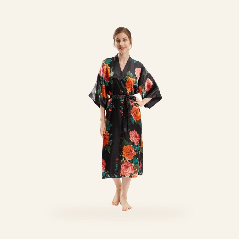 Satin Peony Kimono Yukata — modest peony print satin wrap robe